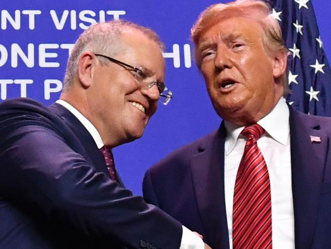 US President Donald Trump and Australia's Prime Minister Scott Morrison at the opening of Pratt Paper Plant in Wapakoneta, Ohio, United States, Sunday, September 22, 2019. (AAP Image/Mick Tsikas) NO ARCHIVING