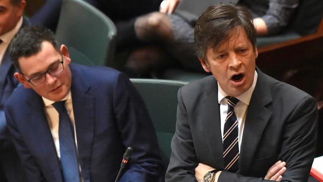 Daniel Andrews and Minister for Roads Luke Donnellan during question time. Picture: Nicole Garmston