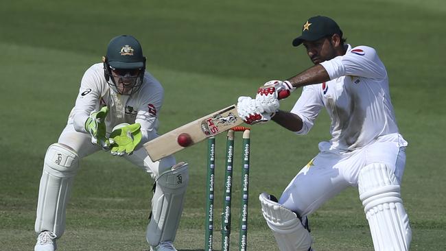 Pakistan's Sarfraz Ahmed plays a shot despite copping a huge blow to his arm. Picture: AP