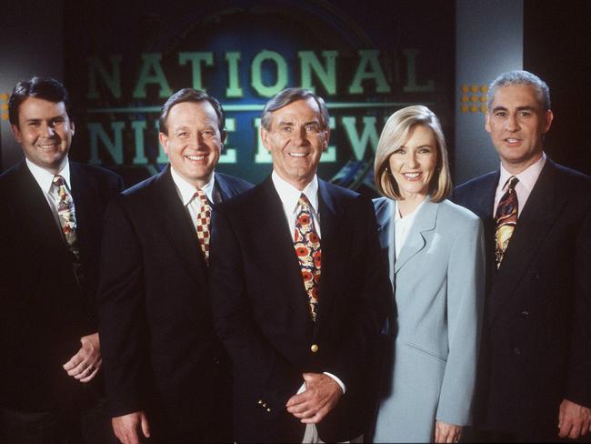 The National Nine News line up in Melbourne in 1998: Tony Jones, Peter Hitchener, Brian Naylor, Jo Hall and Rob Gell.