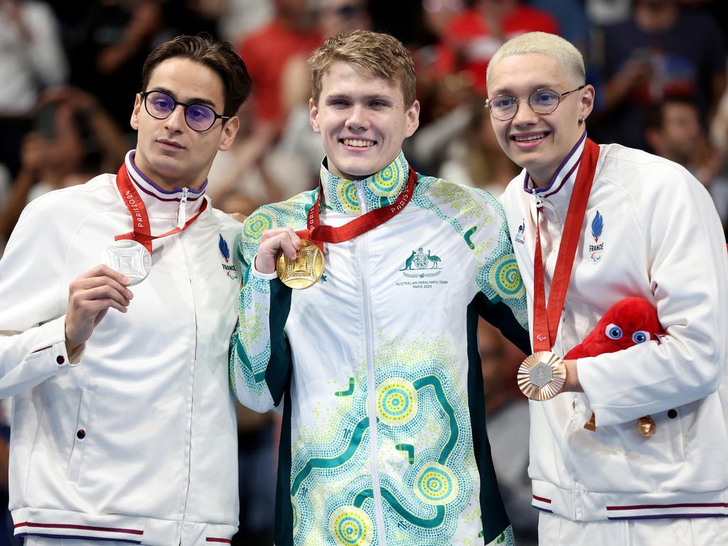 A great end to day eight for Australia and host nation France, with gold medallist Timothy Hodge enjoying the podium with silver medallist Ugo Didier, left, and bronze medallist Hector Denayer, right, both of Team France. Picture: Sean M. Haffey/Getty Images