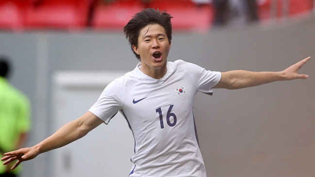 South Korea’s Kwon Changhoon celebrate the first goal against Mexico.