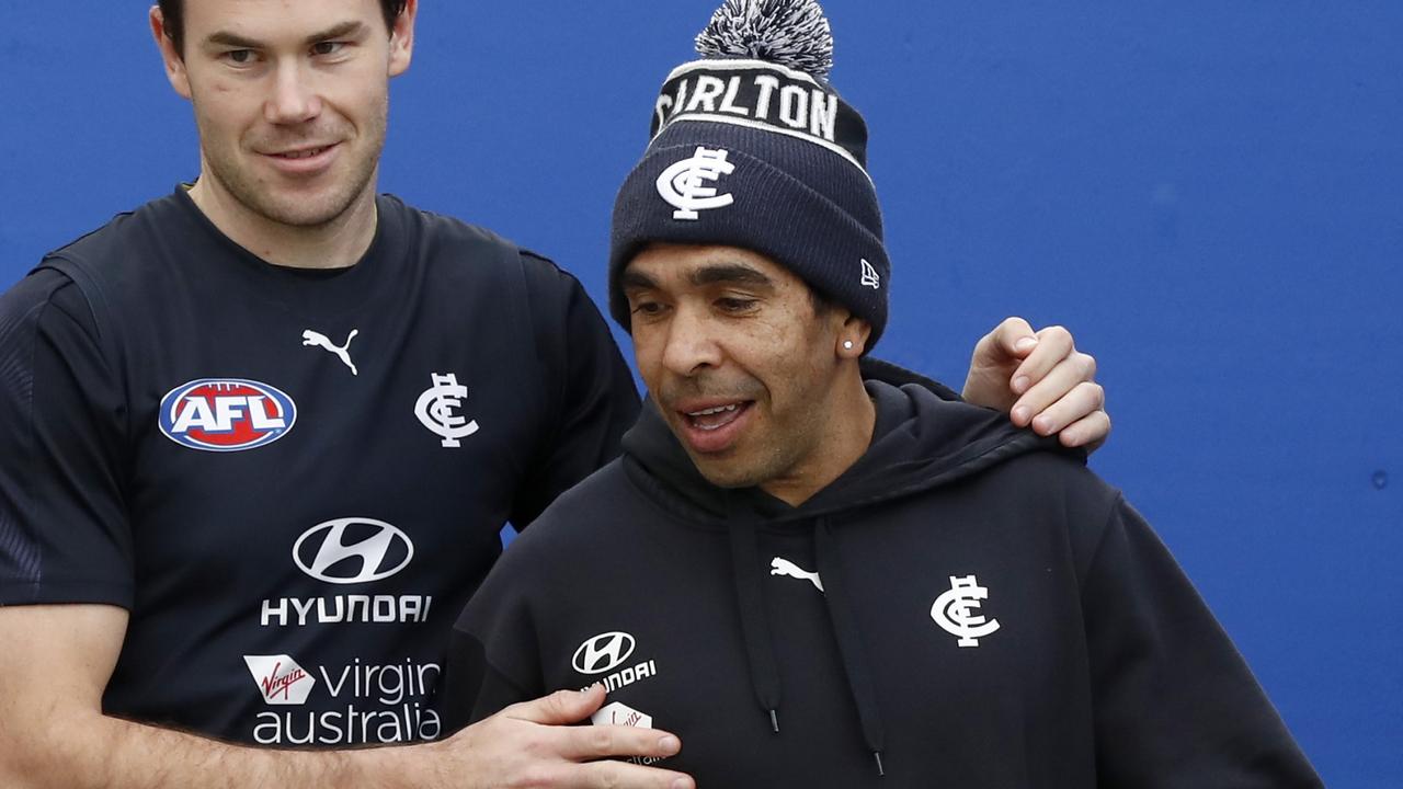 Mitch McGovern and Eddie Betts of the Blues. Picture: Darrian Traynor