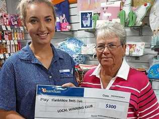 BIG THANKS: Kelsey Goldsmith presents Selina Druery from the Mundubbera Bowls Club with a cheque from Guardian Pharmacy's Community Privileges Granted Fund. Picture: Contributed