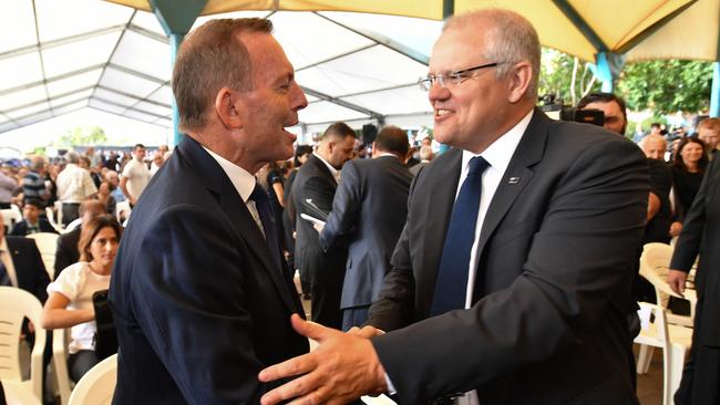 Tony Abbott pictured with Prime Minister Scott Morrison on Good Friday has had a good couple of weeks of campaigning. Picture: AAP Image/Mick Tsikas 