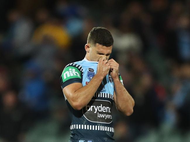 A dejected Nathan Cleary at full time in Origin I. Picture: Brett Costello