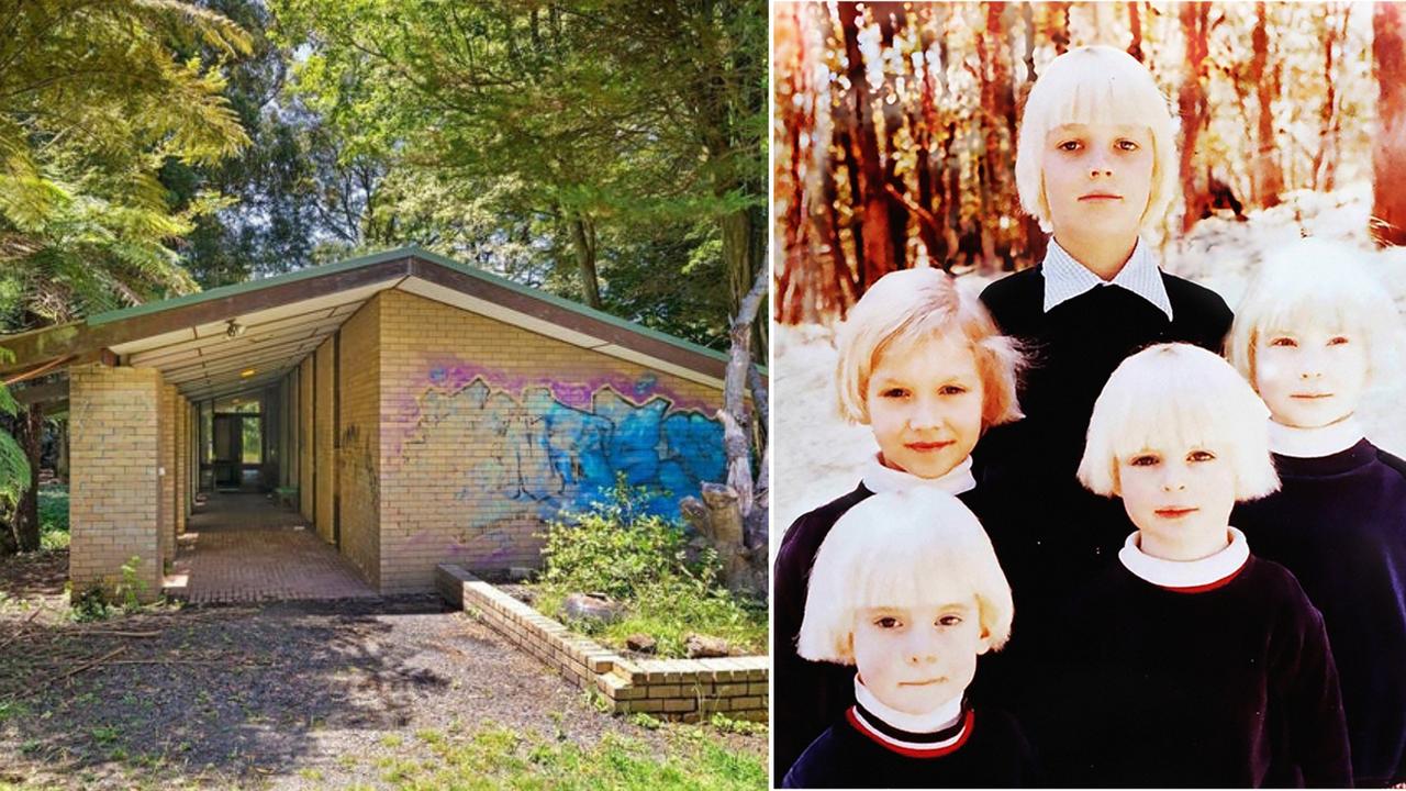 The Ferny Creek property includes a hall formerly owned by a cult named The Family. Children in the religious group had their hair dyed blonde, as detailed in the ABC documentary series titled The Cult Of The Family. Right picture: Supplied/ABC.