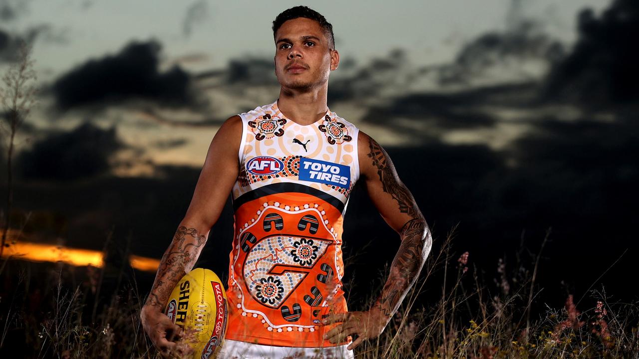 Bobby Hill at Woo-la-ra lookout in Homebush in the GWS Giants’ 2022 Indigenous Guernsey ahead of the Sir Doug Nicholls Round. The Giants will host the West Coast Eagles at Giants Stadium. Picture: Phil Hillyard