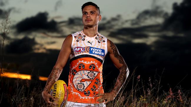 Bobby Hill at Woo-la-ra lookout in Homebush in the GWS Giants’ 2022 Indigenous Guernsey ahead of the Sir Doug Nicholls Round. The Giants will host the West Coast Eagles at Giants Stadium. Picture: Phil Hillyard