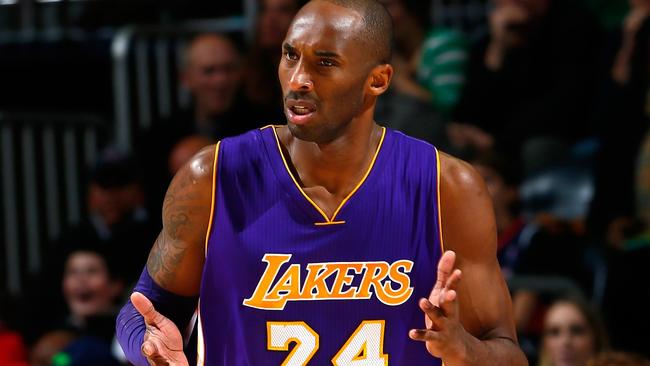 Kobe Bryant reacts after scoring against the Atlanta Hawks.