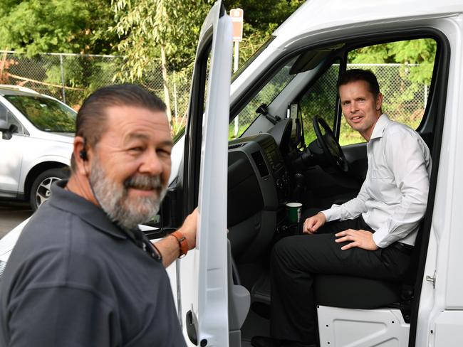 Journalist Steven Deare boards a Keoride bus at Meadowbank. Picture: Joel Carrett