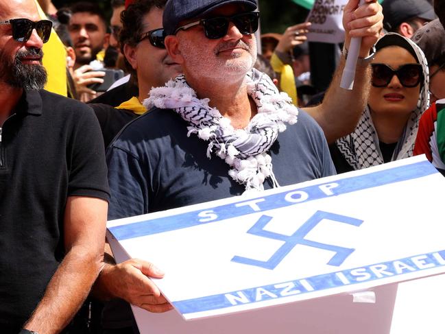 SYDNEY, AUSTRALIA - NewsWire Photos OCTOBER 6, 2024: A protester pictured holding  a flag that has a Nazi like symbol on it at the protest in Hyde Park. Protestors gather at Hyde Park in Sydney's CBD to demand an end to the ongoing war and Israel's current occupation of Gaza, and the escalating Israel-Lebanon conflict. PICTURE SHOWS Al Yazbek Picture: NewsWire / Damian Shaw