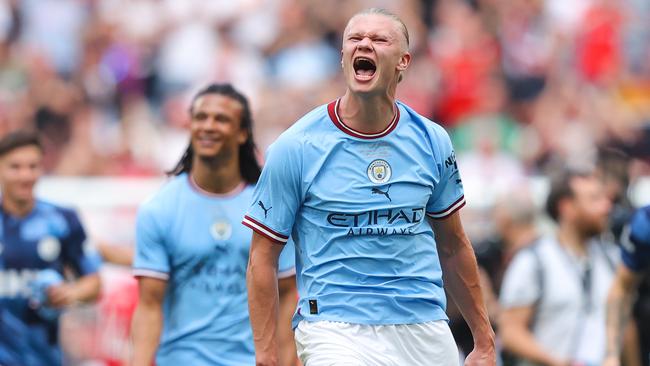 LONDON, ENGLAND - JUNE 03: Erling Haaland of Manchester City celebrates after the FA Cup final match between Manchester City and Manchester United at Wembley Stadium on June 03, 2023 in London, England. (Photo by James Gill - Danehouse/Getty Images)