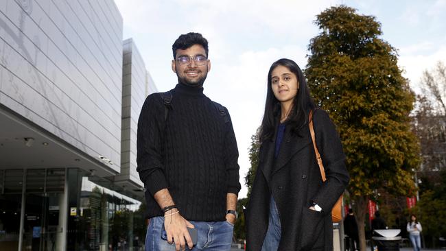 International students from India Jeet Joshi and Eashita Sharma on campus at Sydney University. Picture: John Appleyard