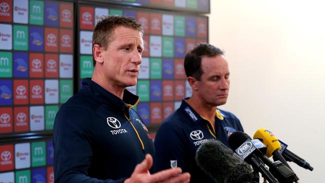 Adelaide Crows head of football Brett Burton address the media aabout the collective minds saga at West Lakes. Picture CALUM ROBERTSON