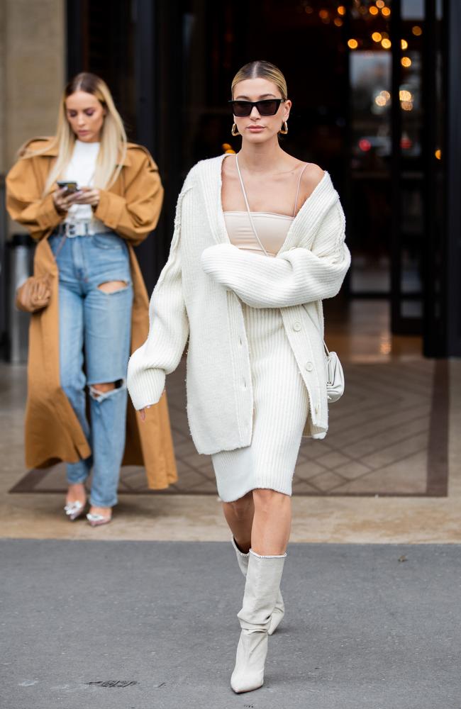 Demand for longline cardis (as seen on Hailey Bieber, in Paris) was also up according to Lyst. Picture: Christian Vierig/GC Images