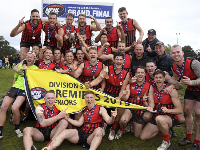 Panton Hill celebrates its Division 3 premiership. Picture: Andy Brownbill