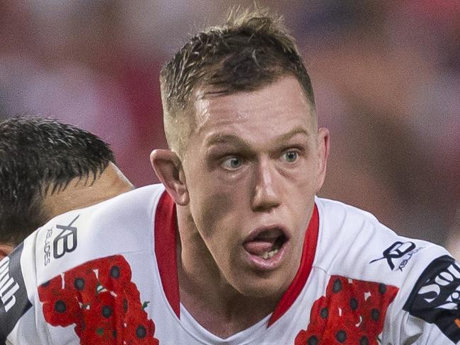 Cameron McInnes of the Dragons is tackled during the Round 8 NRL match between the St George Illawarra Dragons and the Sydney Roosters at Allianz Stadium in Sydney, Wednesday, April 25, 2018. (AAP Image/Craig Golding) NO ARCHIVING, EDITORIAL USE ONLY