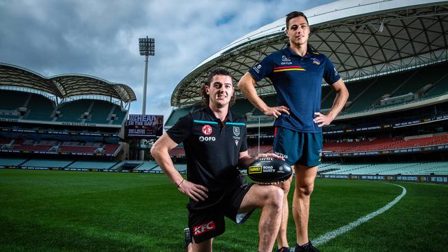 Darcy Byrne-Jones and Jake Kelly at Adelaide Oval. Picture: TOM HUNTLEY