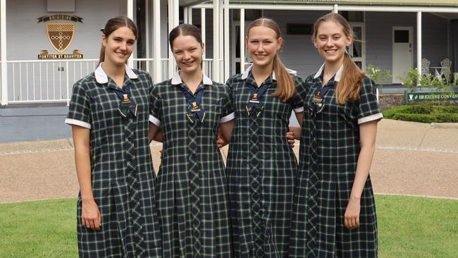 Brigidine College school captains Kelly Eekhout (Sports), Molly Gordon (Arts), Abbey Adams (College Captain), Indiana Tichon (Mission).