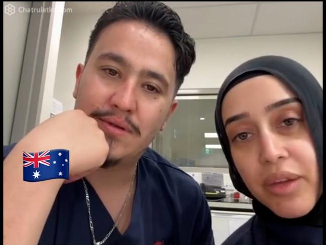 NSW government officials are investigating after nurses at Bankstown Hospital, Rashad Nadir and Sarah Abu Lebdeh, wearing their NSW Health uniforms were filmed declaring they refuse to treat Israeli people and would "kill them" if they present to their ward. Picture: NewsWire Handout