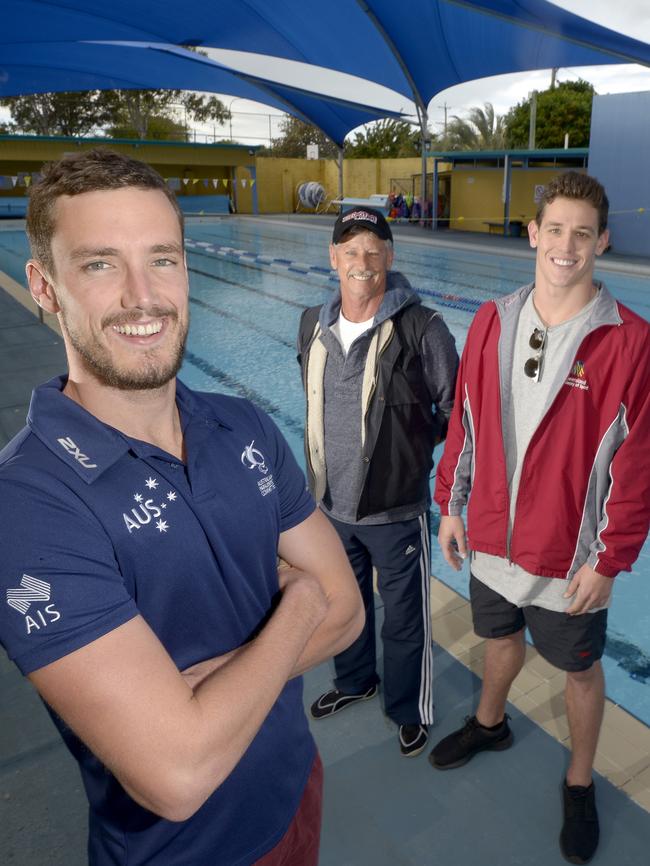 Blake Cochrane back at Southern Cross Swimming Club with former coach Steve Hadler and teammate Jayden Hadler.