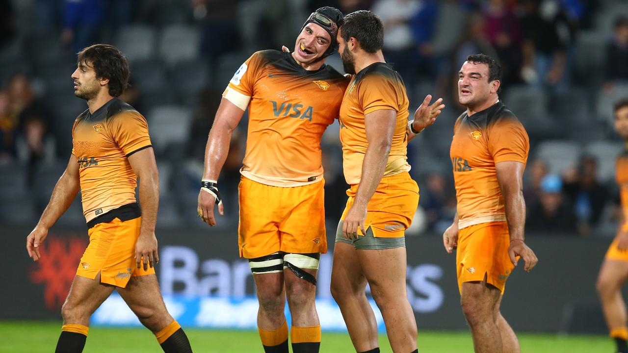 Tomas Lavanini of the Jaguares celebrates victory at Bankwest Stadium.