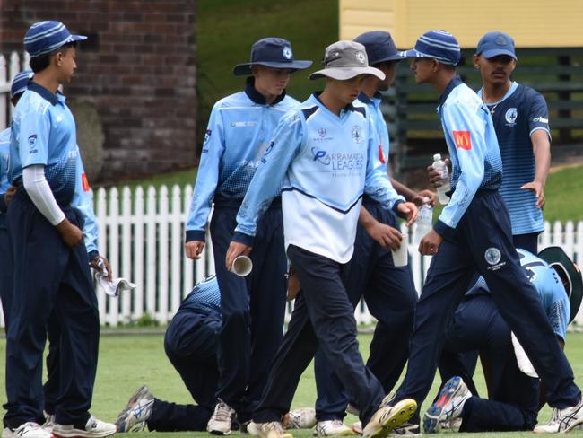 Parramatta gathers at the drinks break. Picture: Sean Teuma