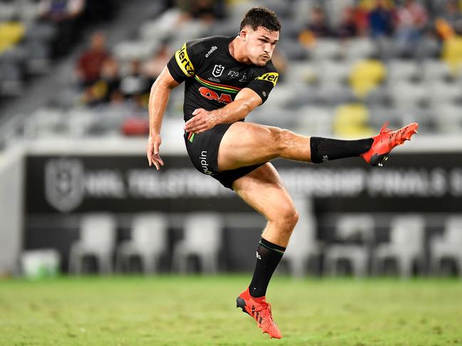 Nathan Cleary of the Panthers kicks during the NRL Qualifying Final match between Penrith Panthers and South Sydney Rabbitohs at QCB Stadium, on September 11, 2021, in Townsville, Australia. (Photo by Ian Hitchcock/Getty Images)