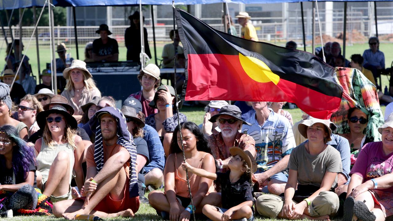 The crowd at the indigenous welcome to country event, during the Bob Brown led Anti Adani Convoy, Clermont show grounds, on Sunday April 28, 2019. Picture: Image AAP/Steve Pohlner