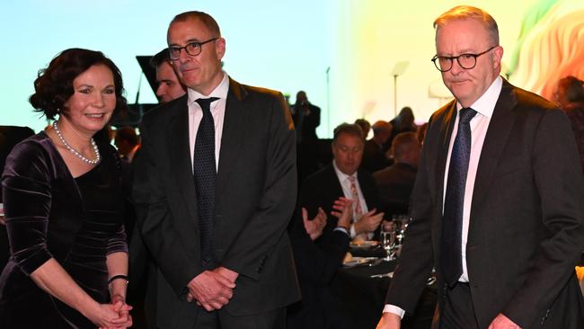 Minerals Council of Australia chief executive Tania Constable, left, with Anthony Albanese at the gala dinner in Canberra on Monday night. Picture: AAP