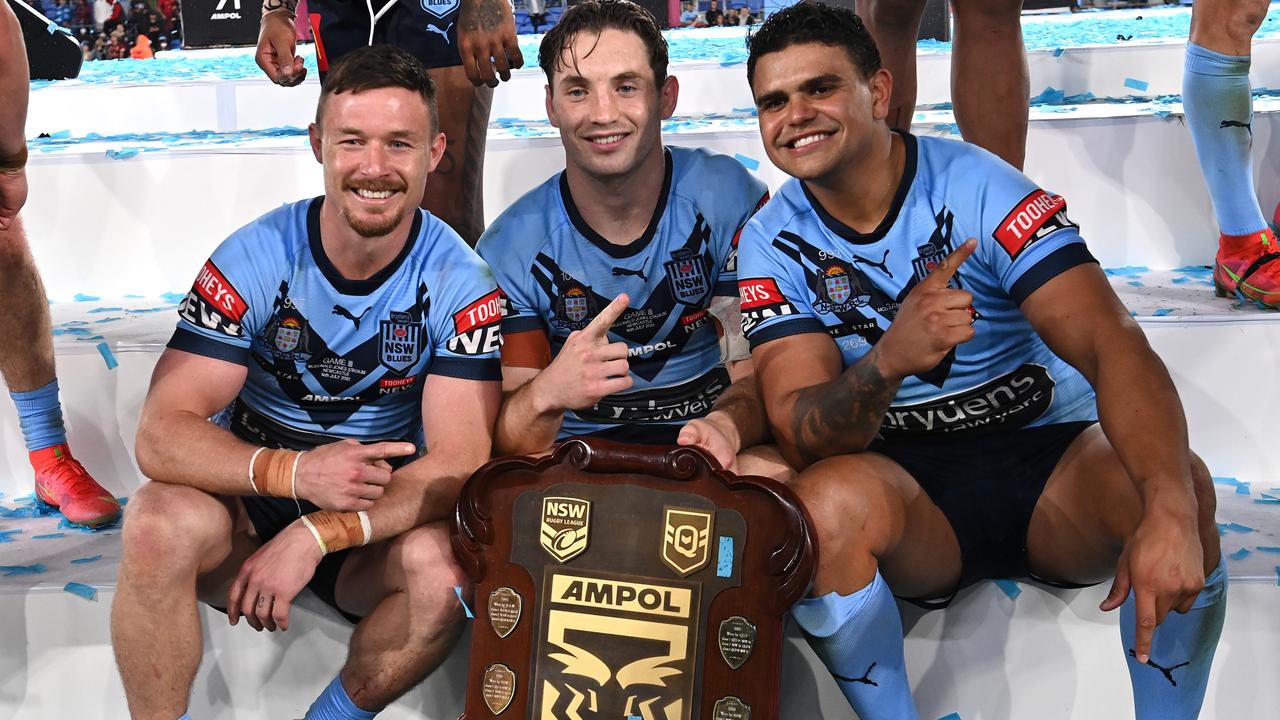 The three Blue Bunnies (L-R) Damien Cook Cam Murray and Latrell Mitchell are ready to play this week. Picture: Bradley Kanaris/Getty Images