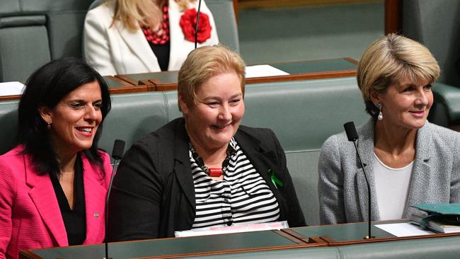 Liberal members Julia Banks, left, Ann Sudmalis, centre, and Julie Bishop, right, in Parliament yesterday.