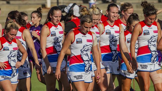 Bulldogs players walk off the ground after losing to Fremantle. Picture: AAP