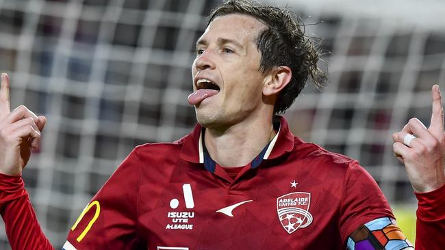 ADELAIDE, AUSTRALIA - MAY 05: Craig Goodwin of Adelaide United celebrates after scoring his teams first goal  during the A-League Men's Elimination Final match between Adelaide United and Wellington Phoenix at Coopers Stadium on May 05, 2023, in Adelaide, Australia. (Photo by Mark Brake/Getty Images)