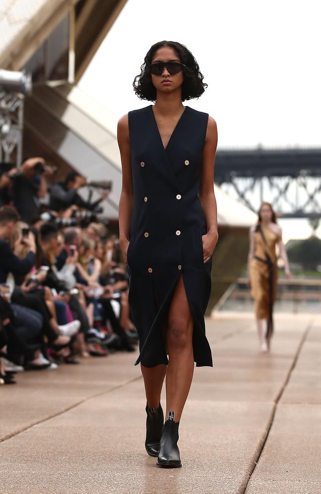 A model walks the runway during the Mercedes-Benz Presents Dion Lee show at Mercedes-Benz Fashion Week Resort 18 Collections at the Sydney Opera House. Picture: Brendon Thorne