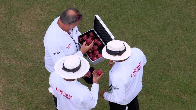 TV footage appears to show there were more appropriately aged balls umpires could have selected. Picture: Channel 9.