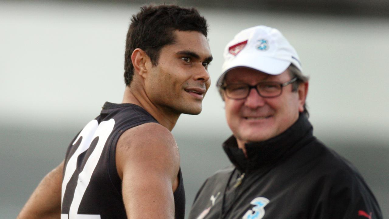 Essendon football training. Coach Kevin Sheedy with Mal Michael.