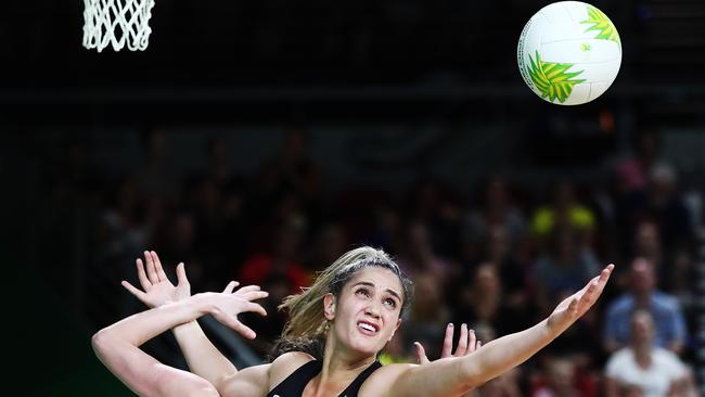 Te Paea Selby-Rickit of New Zealand collects the ball during the pool game against Wales. Picture: Getty