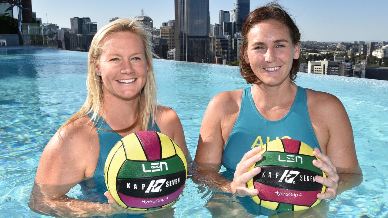 Australian women's water polo players Rowie Webster (left) and Bron Knox will be rivals in the AWL. Pic: Harvpix