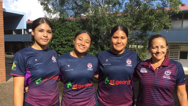 Ipswich SHS trio Tiresa Elika, Shalom Sauaso, Lishiainah Ulugia and Qld 18s coach Veronica White.