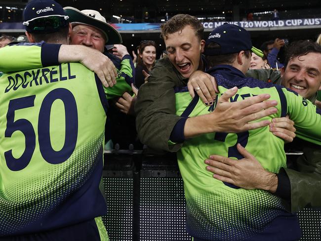 Irish fans celebrate with their team after the win. Picture: Daniel Pockett-ICC/ICC via Getty Images