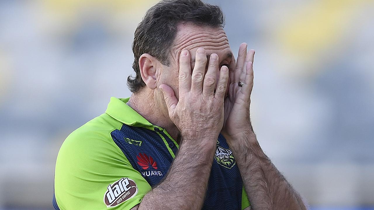 TOWNSVILLE, AUSTRALIA - AUGUST 01: Raiders coach Ricky Stuart looks on before the start of the round 12 NRL match between the North Queensland Cowboys and the Canberra Raiders at QCB Stadium on August 01, 2020 in Townsville, Australia. (Photo by Ian Hitchcock/Getty Images)