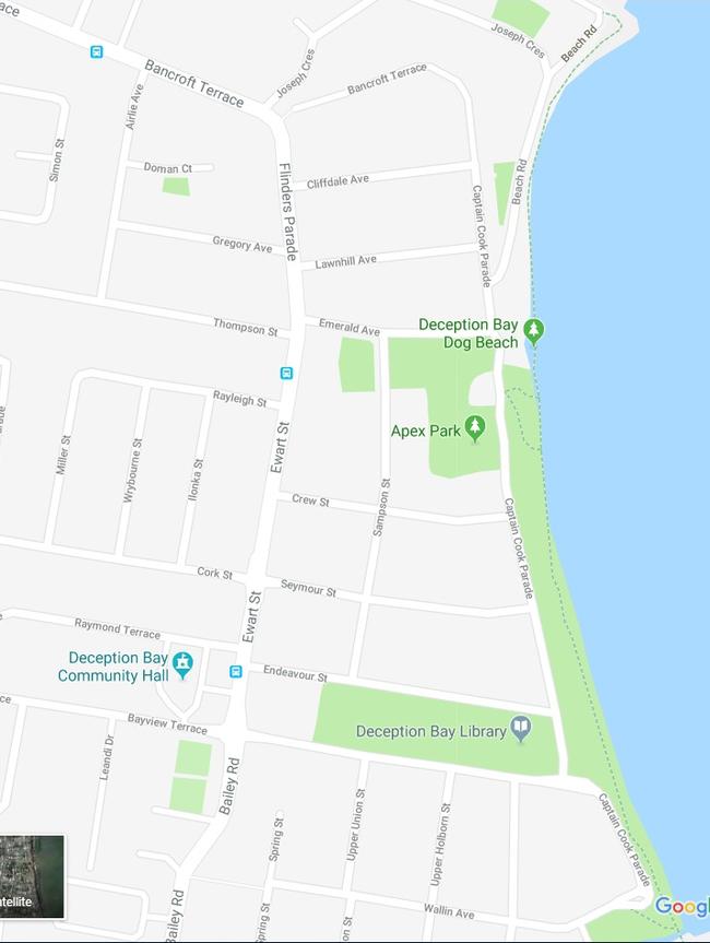 Google Maps image showing Wallin Ave, to Joseph Crescent , Deception Bay. The Moreton Bay Regional Council will trial an off-leash dog area on the 1.2km stretch of football along the foreshore. PHOTO: Google Maps