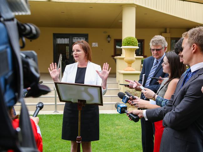 Sussan Ley was forced to resign in 2017 over a travel rort scandal. She is pictured fronting the press amid widespread outrage. Picture: Simon Dallinger