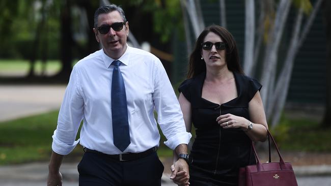 Former Elders real estate agent Christopher Deutrom enters the NT Supreme Court with his wife, Helen, in November last year. Picture: Keri Megelus