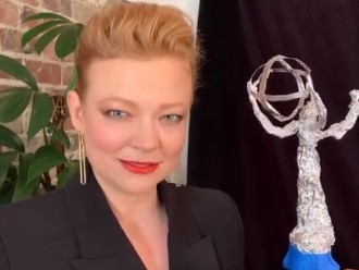 Australian Emmy nominee Sarah Snook, of Succession, saw the lighter side of the night crafting a foil statue. Picture: Instagram