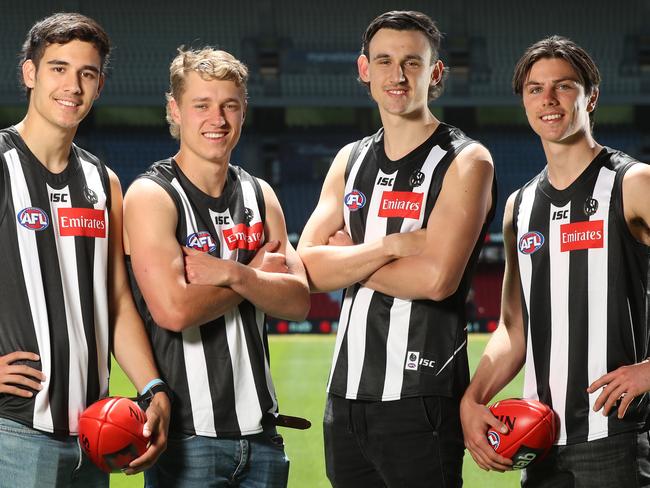 The First shots of Victorian draftees in club colours, at Marvel Stadium in Melbourne. Collingwood's new recruits. Picture: Alex Coppel. From left: New Collingwood players from the 2020 national draft Reef McInnes, Finlay Macrae, Liam McMahon and Oliver Henry.