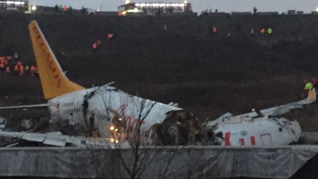 A Pegasus Airlines Boeing 737 plane after it skidded off the runway at Istanbul's Sabiha Gokcen airport. Picture: AFP