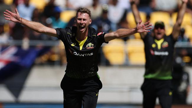 Australia's Riley Meredith appeals for a LBW call on New Zealand's captain Kane Williamson during the fifth Twenty20 cricket match between New Zealand and Australia in Wellington on March 7, 2021. (Photo by Marty MELVILLE / AFP)